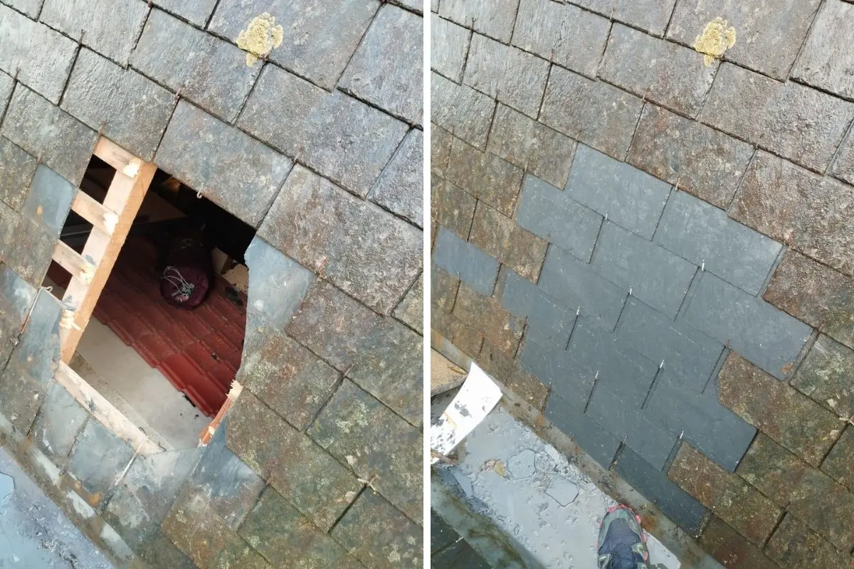 Avant/après réparation d'un trou dans une toiture en ardoise à Saint-Brieuc