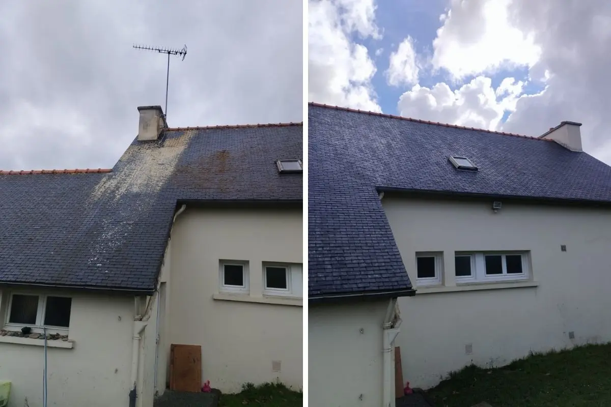 Avant/après nettoyage complet d'une toiture en ardoise à Saint-Brieuc par RENOV TOITURE 22
