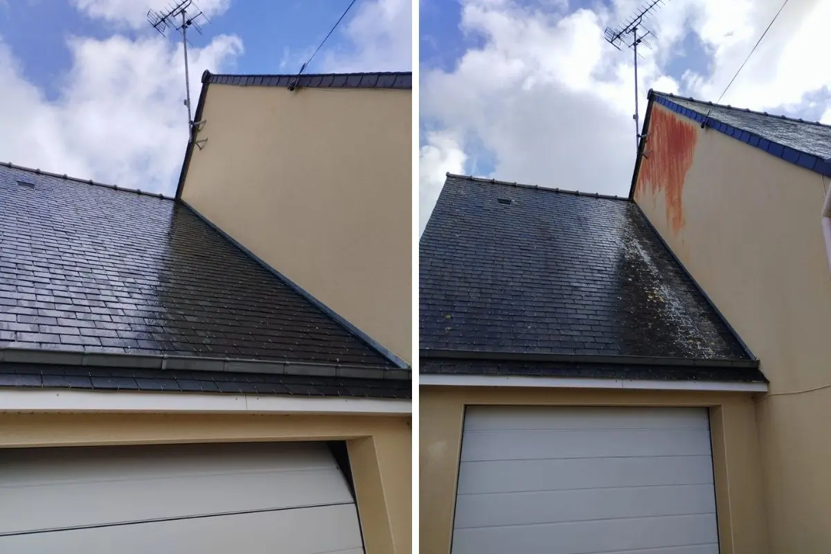 Avant/après nettoyage de toiture en ardoise et façade à Saint-Brieuc