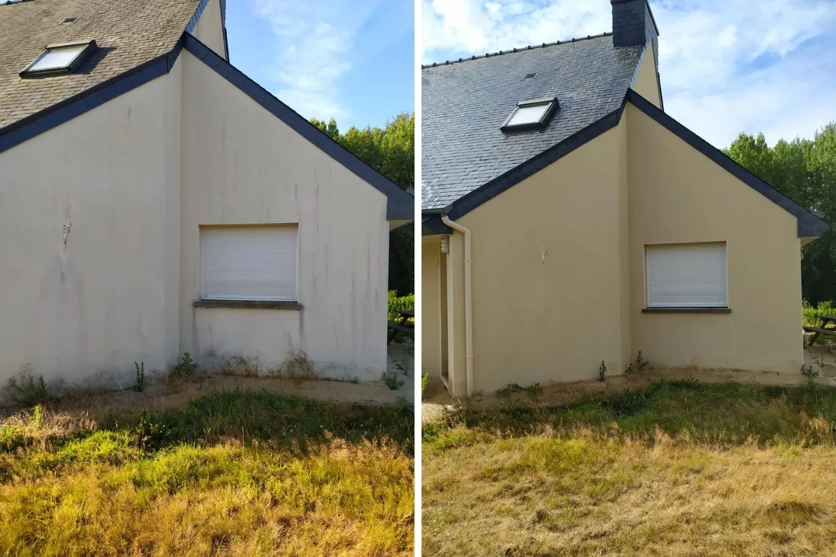 Nettoyage de façade à Saint-Brieuc : pignon de maison avant / après