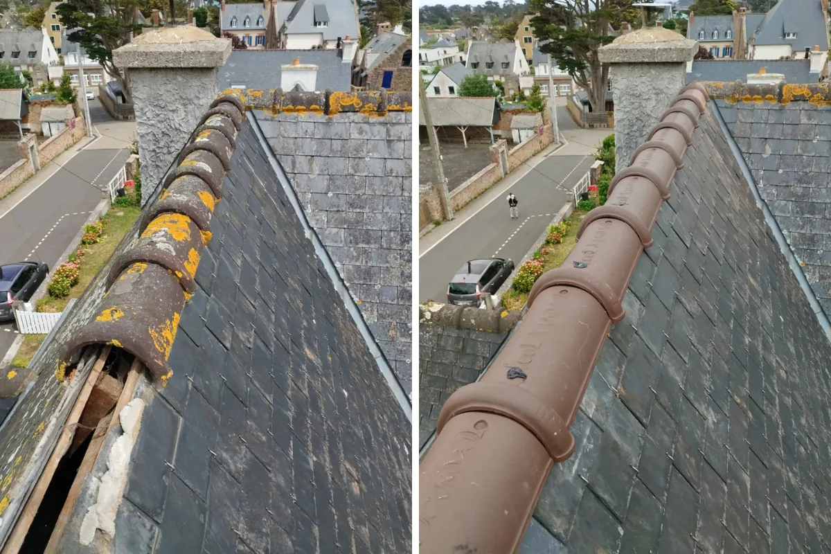 Réparation de toiture en ardoise à Saint-Brieuc : trou en toiture avant / couverture réparée après