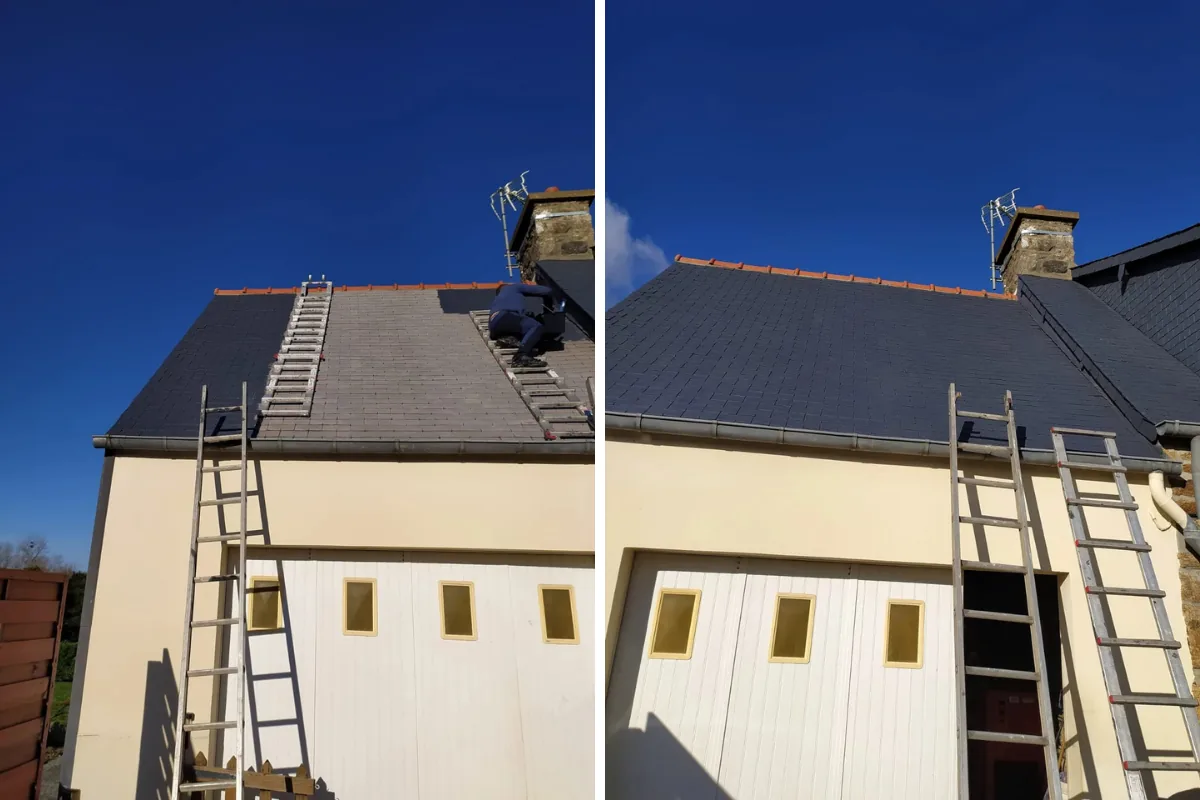 Peinture de toiture sur pignon de maison à Plouisy : avant / après