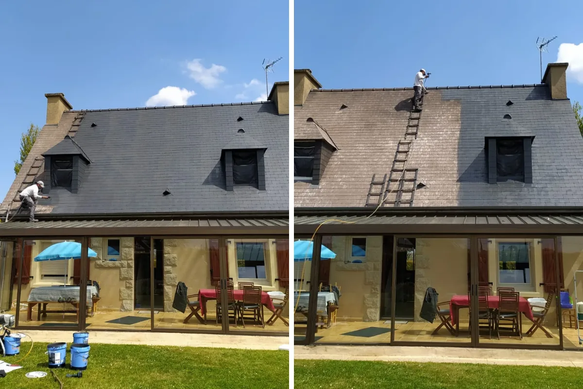 Maison avec toiture repeinte au pistolet : avant / après (Côtes-d'Armor 22)